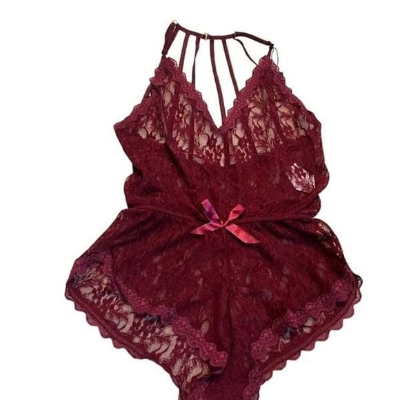 Mapale Babydoll Lace Romper Sexy Burgundy Lingerie NWT Size Small - Picture 1 of 3